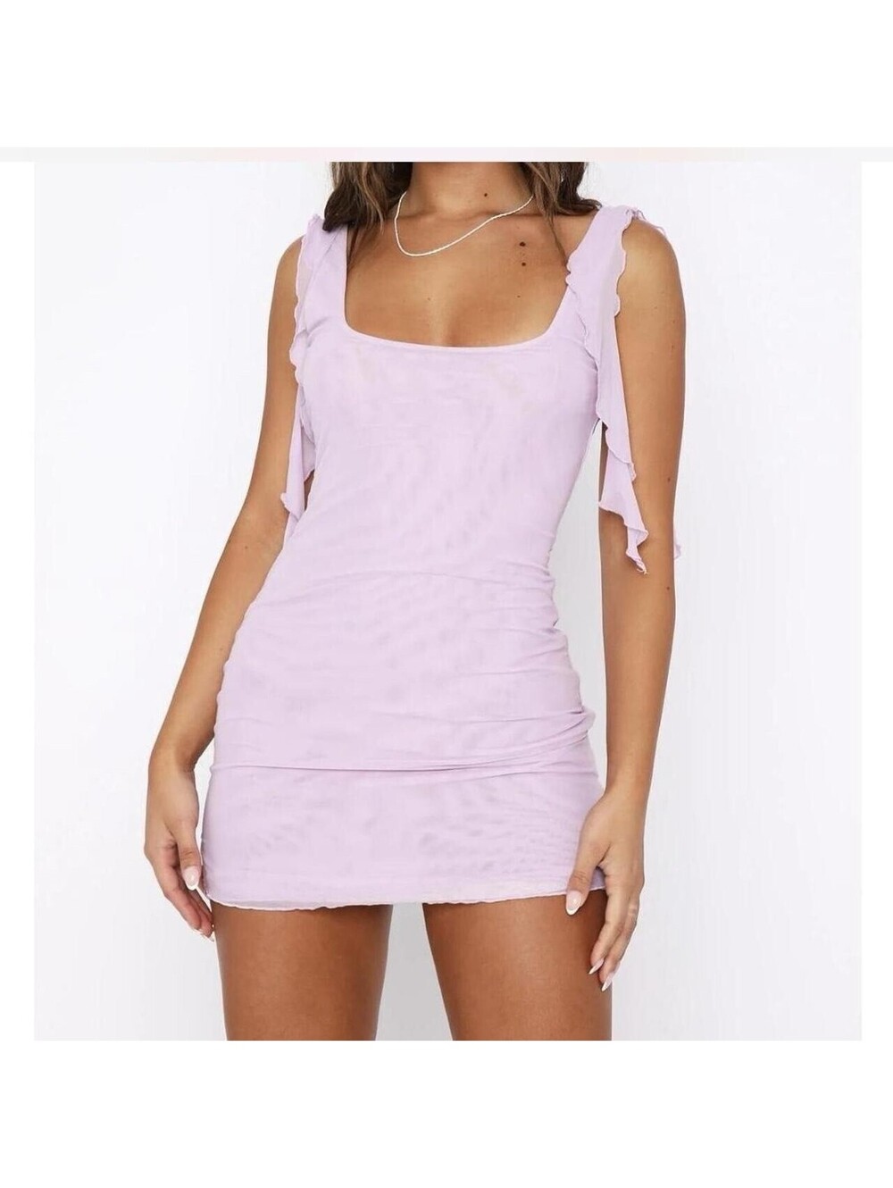 White Fox Don’t Tell Me Now Mini Dress Lilac XS Mesh Ruffle Bodycon